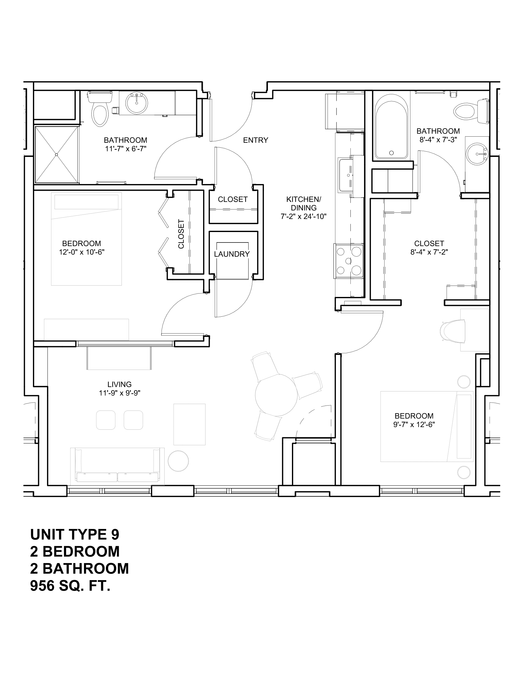 Floor plan for 2 beds, 2 baths, 956 sqft